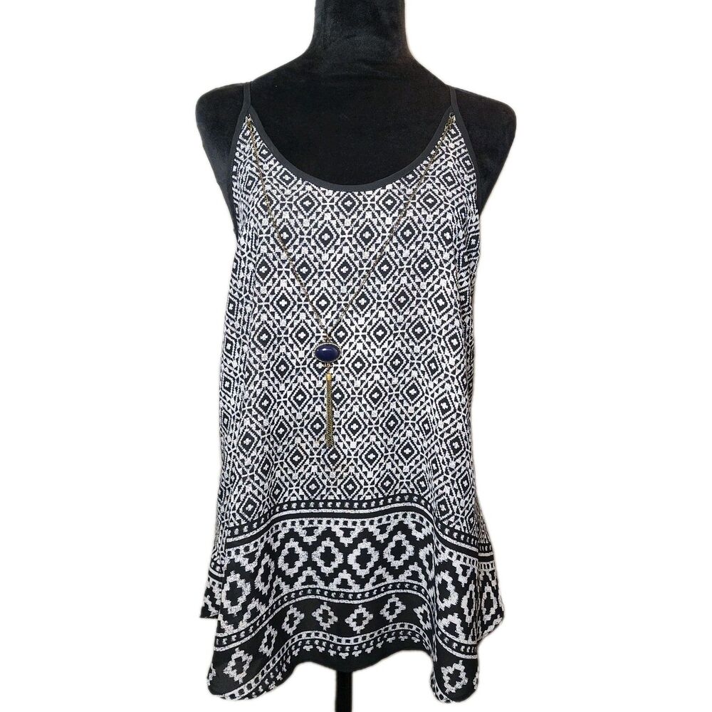 iZ Byer Women's L Boho Chiffon Tank Top  Black and White Geometric Aztec-Style
